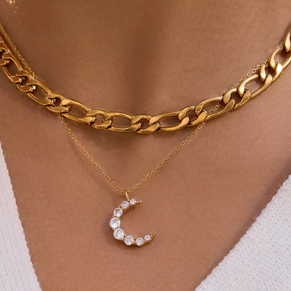 18K Gold Plated Cubic Zirconia Crescent Moon Necklace - Picture 3 of 8